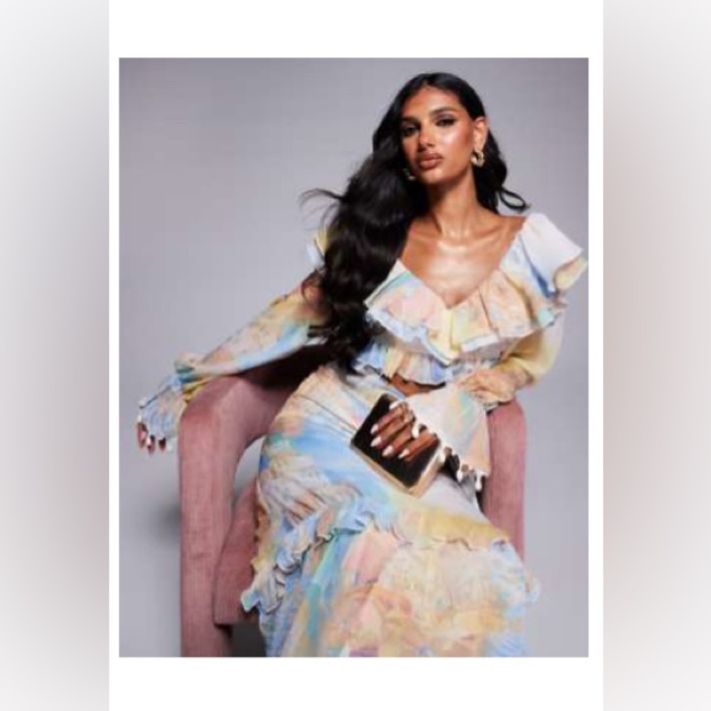 ASOS LUXE ruffle organza top with shell trims in postcard print